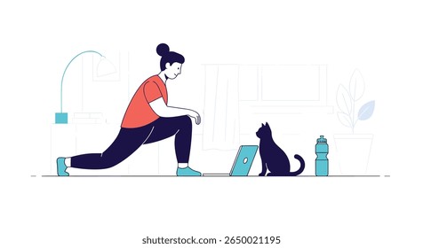Healthy person performing exercise while feline companion watches laptop screen indoors