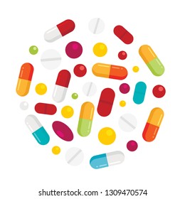 Healthy pharmaceutical elements in circle shape white background. Vector icons of drugs, long tablets and round pillsisolated. Flat drug pill and tablet, illustration of pharmaceutical capsule and tab