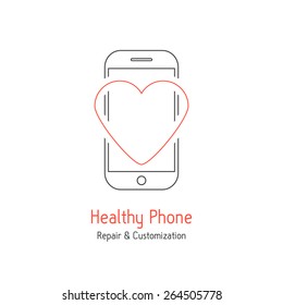 healthy phone branding with red line heart. concept of tech problem, recover, service centre, technician test, equipment. isolated on white background. flat style modern design vector illustration