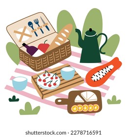 Healthy picnic hand drawn composition, doodle icon of picnic basket with essentials, vector illustrations of cutlery, food and drinks, papaya, cheese, cherry, wine on blanket, eat outside