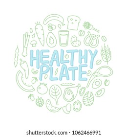 Healthy plate hand drawn lettering. Vector round shape label with linear icons of the food