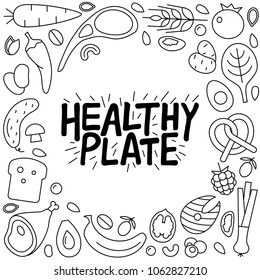 Healthy plate hand drawn lettering. Vector card with linear icons of the food