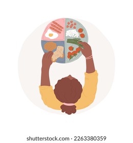 Ilustración de vectores de dibujos animados aislados de placas saludables. Mami poniendo comida en secciones de diferentes colores, proteína, verduras y granos en la placa, caricatura vectorial de estilo de vida saludable familiar.