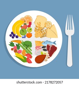 Healthy plate vector isolated. Inforgaphic of a proper diet, healthy nutrition. Balanced, full of protein, fruits and vegetables diet. Educational information