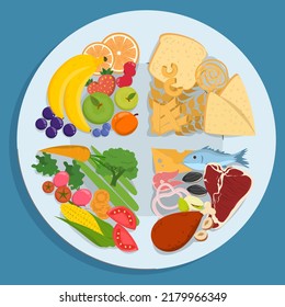 Healthy plate vector isolated. Inforgaphic of a proper diet, healthy nutrition. Balanced, full of protein, fruits and vegetables diet. Educational information