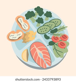 Healthy plate vector isolated. Inforgaphic of a proper diet, healthy nutrition. Balanced, full of protein, fruits and vegetables diet. Educational information