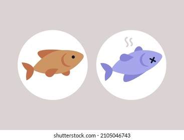 Healthy and poisoned fish icons, contaminated water, environment pollution