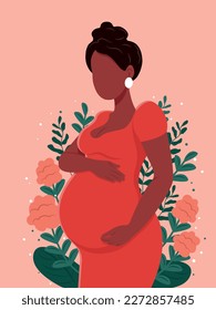 Healthy pregnancy banner. Beautiful pregnant black woman hugs her belly. The concept of pregnancy and motherhood. Healthy pregnancy. Vector illustration in cute cartoon style.