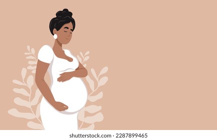 Healthy pregnancy banner. Beautiful pregnant black woman hugs her belly. The concept of pregnancy and motherhood. 