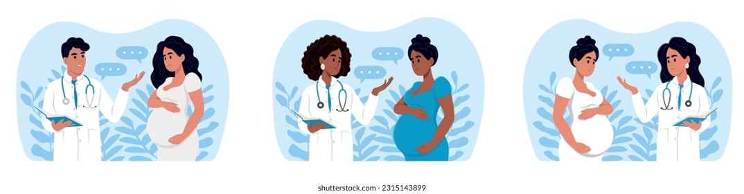 Healthy pregnancy banner. Gynecologist and obstetrician consultation.Doctors and pregnant women of different races and ages.