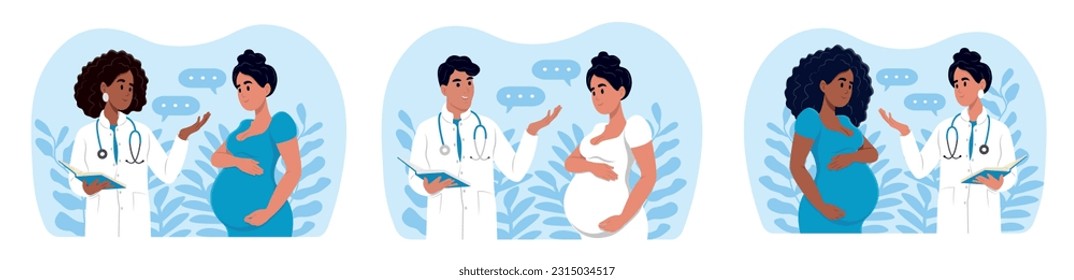 Healthy pregnancy banner. Male and female doctors talking to pregnant women. Gynecologist and obstetrician consultation.Doctors and pregnant women of different races and ages.