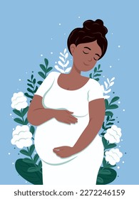 Healthy pregnancy. Beautiful pregnant black woman hugs her belly. The concept of pregnancy and motherhood,Vector flat illustration.