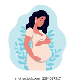 Healthy pregnancy. Beautiful pregnant black woman hugs her belly. The concept of pregnancy and motherhood. Healthy pregnancy. vector illustration for doula, midwife, doctor.