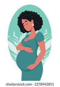 Healthy pregnancy. Beautiful pregnant woman hugs her belly. The concept of pregnancy and motherhood. Healthy pregnancy. Vector flat illustration.
