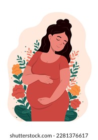 Healthy pregnancy. Beautiful pregnant woman hugs her belly. The concept of pregnancy and motherhood. Healthy pregnancy. Mother's Day.