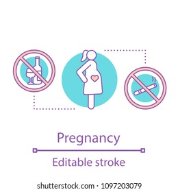 Healthy pregnancy concept icon. Pregnant woman. Waiting for baby idea. Thin line illustration. Alcohol and smoking prohibition. Vector isolated outline drawing. Editable stroke