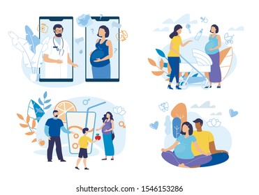 Healthy Pregnancy Conditions Isolated, Trendy Flat Vector Concepts Set. Pregnant Woman Chatting with Friend, Taking Doctor Consultation Online, Doing Yoga Exercises, Stick to Healthy Diet Illustration