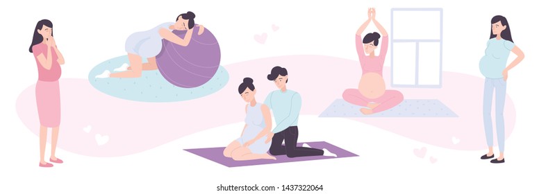 Healthy pregnancy flat design concept with young pregnant women doing yoga and fitness exercises vector illustration