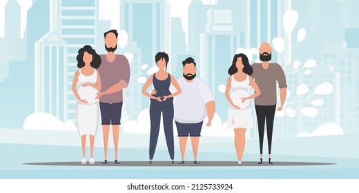 Healthy pregnancy. A group of families who are going through pregnancy. A young family is expecting a baby. Vector illustration in a flat style.