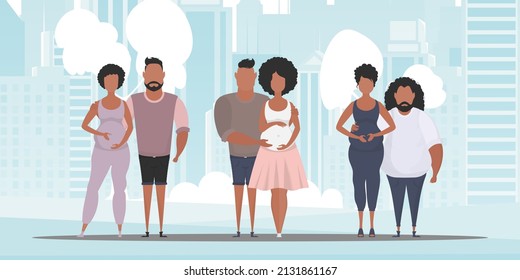 Healthy pregnancy. A group of families who are going through pregnancy. A young family is expecting a baby. Vector illustration.