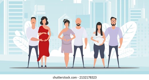Healthy pregnancy. A group of families who are going through pregnancy. Couple jet baby. Vector illustration.