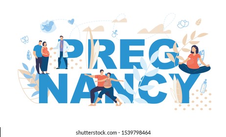 Healthy Pregnancy, Happy Maternity, Childbirth Waiting Activities Trendy Flat Vector Banner, Poster Template. Pregnant Woman Doing Exercise with Husband, Practicing Yoga, Talk with Doctor Illustration