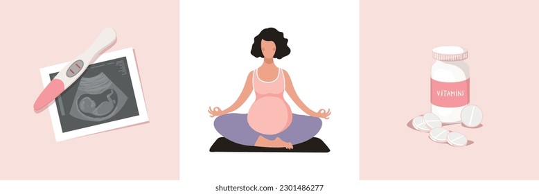 Conjunto de ilustraciones de embarazo sano, análisis positivo y ecografía, yoga gestante, vitaminas y suplementos dietéticos. Ilustraciones de dibujos animados de vector plano, pancarta moderna de maternidad.