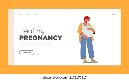 Healthy Pregnancy Landing Page Template. Female Character Prepare for Maternity, Motherhood Concept. Beautiful Redhead Pregnant Woman, Young Mother Hold Belly. Cartoon People Vector Illustration