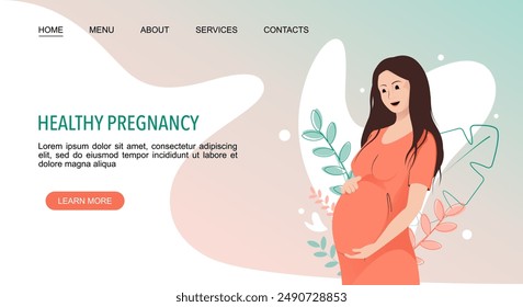 Healthy Pregnancy landing web page template with pregnant woman on floral background