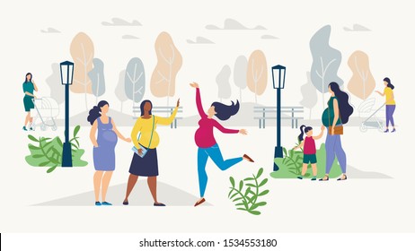 Healthy Pregnancy, Pregnant Woman Active Lifestyle, Childbirth Waiting Flat Vector Concept with Positive and Happy Pregnant Women Walking Outdoors in City Park, Chatting with Friends Illustration