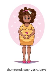 Healthy pregnancy process and expectation concept. Happy pregnant african woman embracing belly in expectation her baby inside feeling love. Touching moment. Vector illustration