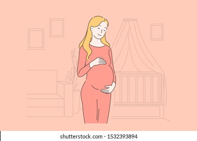 Healthy pregnancy, waiting for childbirth, baby expecting and childbearing, happy motherhood concept. Beautiful pregnant woman holding belly, cheerful expectant mother. Simple flat vector