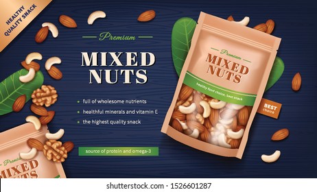 Healthy premium nuts mixture ads on wooden table, realistic vector illustration