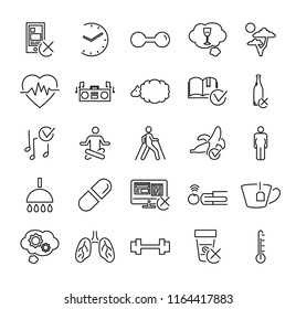 Healthy or problematic sleep vector illustration icon collection set. Isolated black outline pictograms with examples and suggestions for good dreams and relaxing. Live longer lifestyle simple basics.