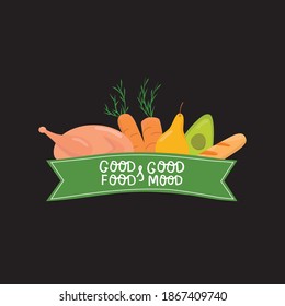 Healthy product with ribbon and hand written sign Good food, good mood for logo sticker grocery store, bio food market, supermarket. Vector stock illustration on black background.