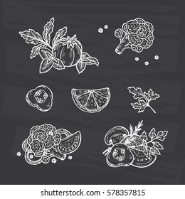 Healthy product. Vegan Food. Hand drawn Sketch Vegetables and Fruits with Herbs and Spices Vector Illustration