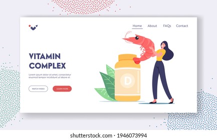 Healthy Products or Food Contain Vitamin D Landing Page Template. Nutritional Supplements for Health. Tiny Female Character with Shrimp at Huge Bottle with Vitamins. Cartoon People Vector Illustration
