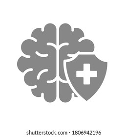 Healthy protected brain gray icon. First aid for brain diseases symbol