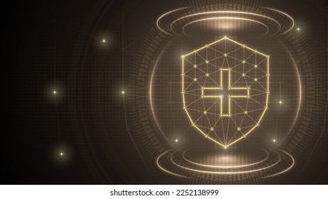 Healthy Protection Shield Assurance Medical Futuristic Medical Hologram Neon Glow Low Polygonal Triangulated Line Dot Connection Geometric Grid Brown Background Infographic Template