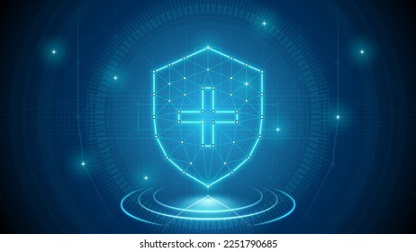 Escudo de protección saludable Cibernetica médica Holograma digital neuronal Neon Glow Futurista Triangulado Polígono Bajo Fondo de Polo