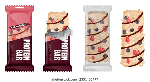 Healthy protein bar packaging set with four isolated top view images of packed and whole snacks vector illustration