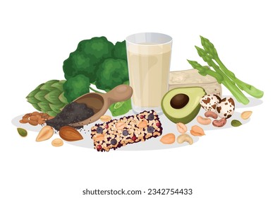 Healthy protein foods composition with isolated view of nuts greens eggs and bars on blank background vector illustration