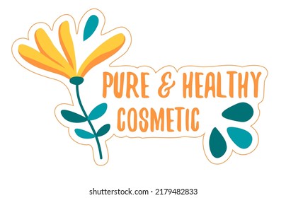 Healthy and pure cosmetics for skincare and wellness. Essence or serum with flowers and herbs ingredients. Cosmetology and dermatology. Sticker or emblem, logotype or badge. Vector in flat style