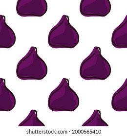 Sanos alimentos crudos sin fisuras con simples siluetas abstractas de higos púrpuras. Fondo blanco. Impresión aislada. Diseñado para el diseño de tejidos, impresión textil, envoltura, cubierta. Ilustración vectorial.