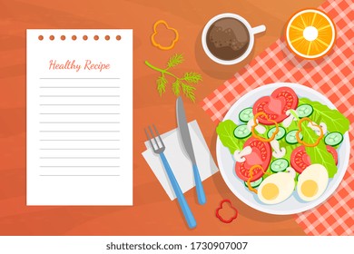 Healthy Recipe, Top View of Table with Delicious Balanced Dishes Vector Illustration