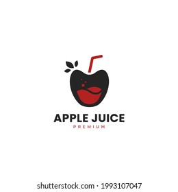Healthy Red Apple juice logo icon, apple fruit drink with straw icon logo