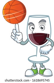 a Healthy red glass of wine cartoon character playing basketball