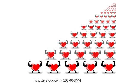 Healthy red heart team members exercising and showing muscles and strengths, isolated on white (transparent) background. Vector illustration, EPS10. Exercise make heart healthy and stronger concept.