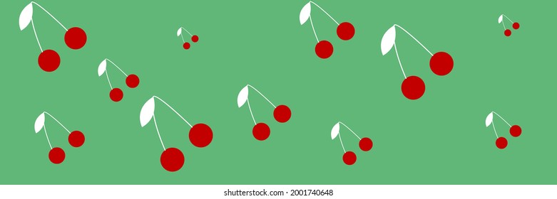 Healthy Red White Negative Vintage Cute Berries Wallpaper. Dessert Print Colorful Fruit Green Summer Tasty Repeat Background. Textile Pattern Sweet Bright Retro Cherries Spring Vitamin Ornament.