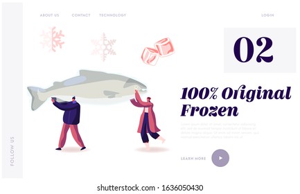 Healthy Refrigerated Food Website Landing Page. Characters Carry Huge Frozen Fish With Snow Flakes And Ice Cubes Around. People Choose Iced Production Web Page Banner. Cartoon Flat Vector Illustration